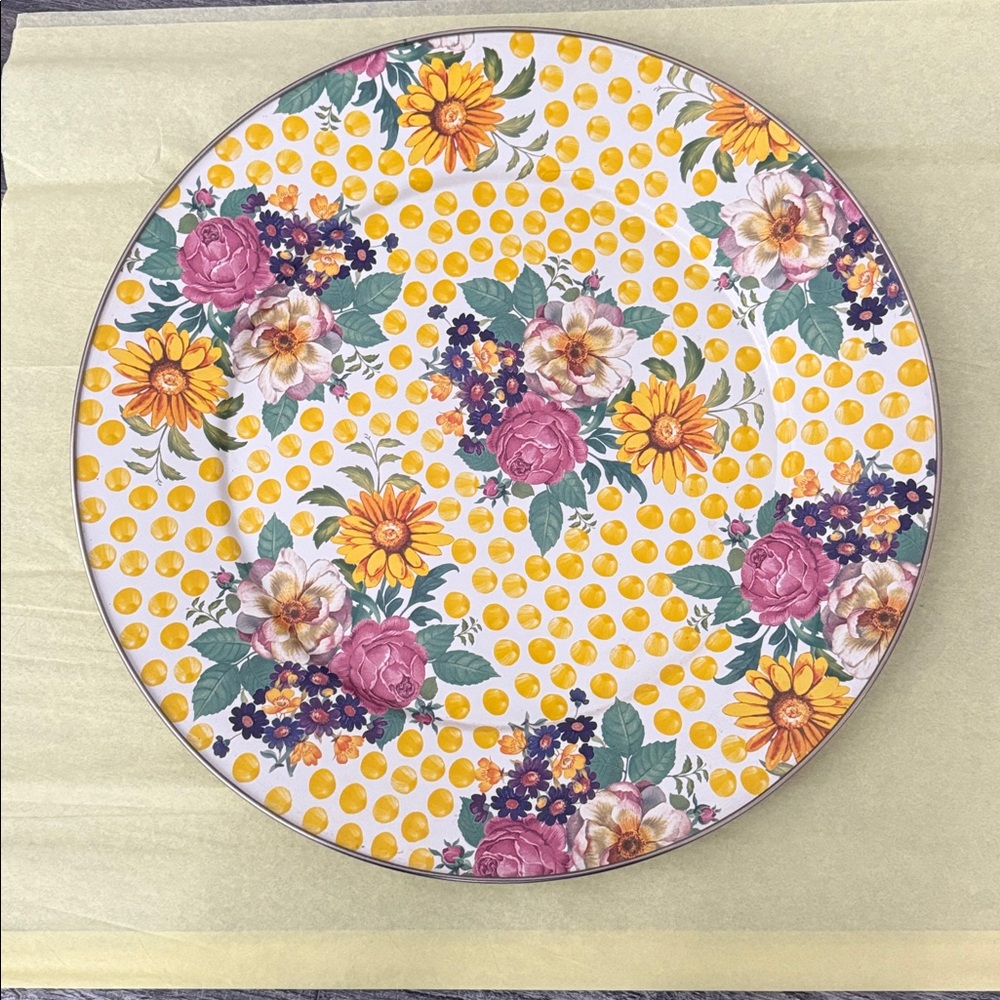 Mackenzie Childs Buttercup Yellow Polka Dot Charger Plate Platter 16in RARE